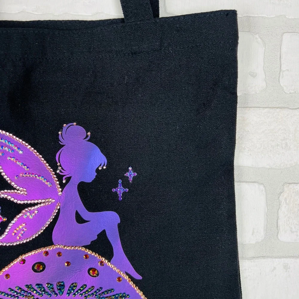 Black Fairy Mushroom Rhinestone Iridescent Canvas Tote Kids Bookbag 12 x 14.5
